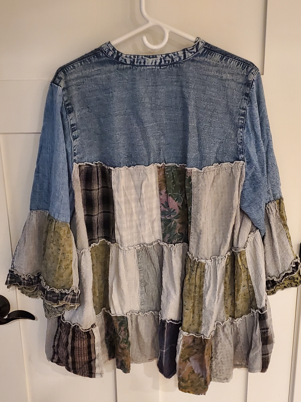 Patchwork Denim Tunic Top Blue Olive Ruffle Western Country Cottagecore Rodeo - Picture 5 of 12